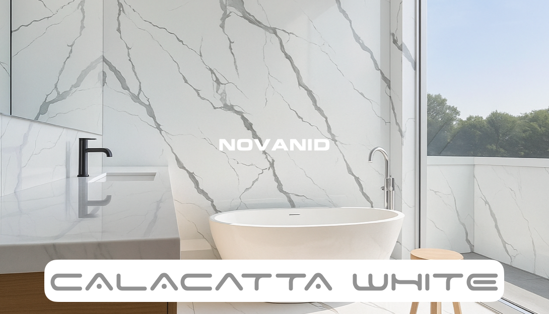 Baño moderno y elegante con pared de placas decorativas de mármol Calacatta White 