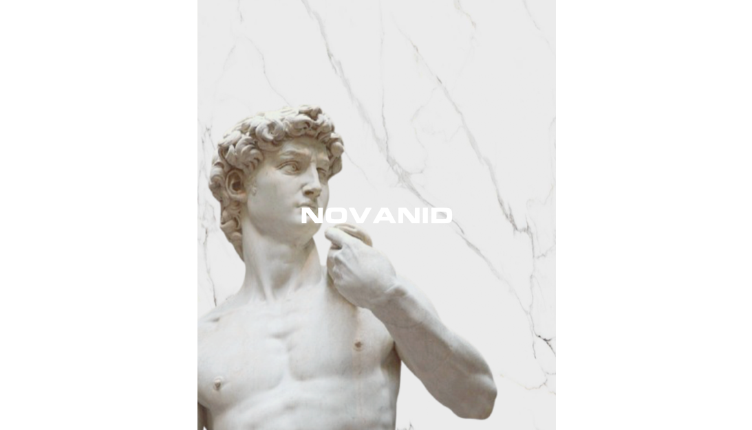 Escultura miguel angelo de mármol statuario, con fondo de placas decorativas mármol statuario novanid