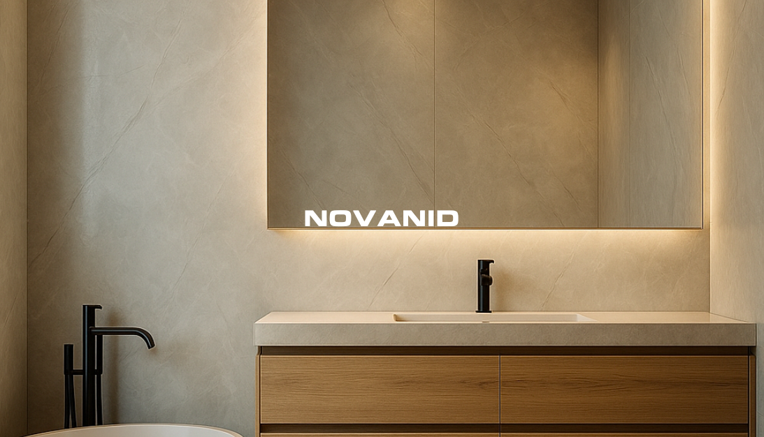 Baño moderno con lavabo de madera y grifo negro, iluminado suavemente, paredes de placas pvc modelo pedra de marca novanid.