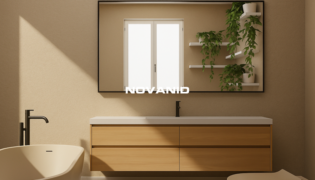 Cocina moderna con barra de desayuno y taburetes de madera clara y placas decorativas novanid grey stone en las paredes