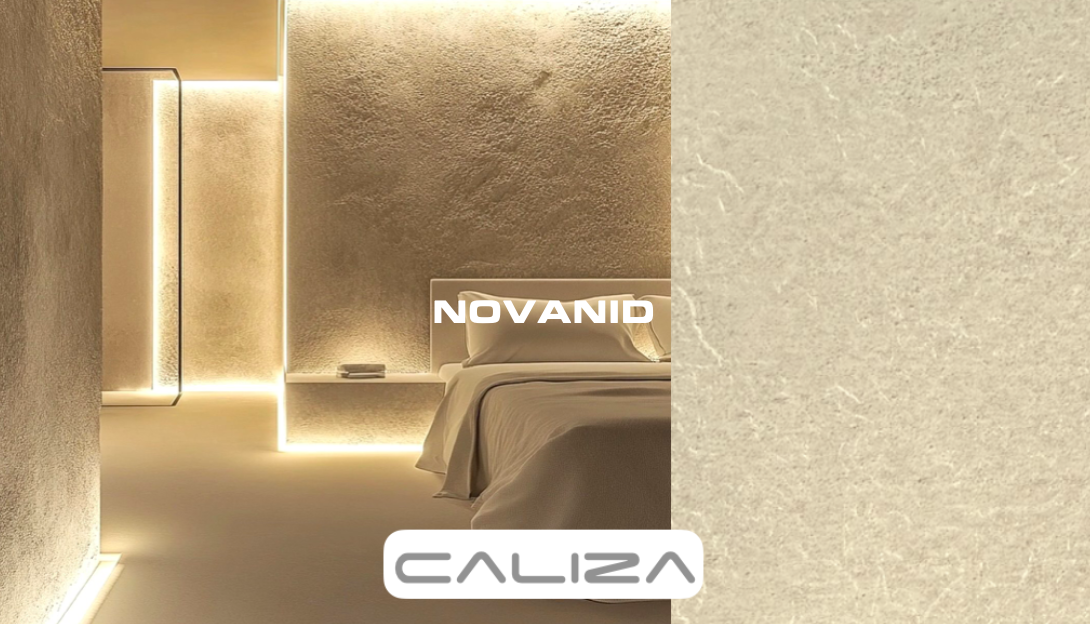 Cocina con Grifería moderna y pared de placas decorativas de Novanid, colección grey stone