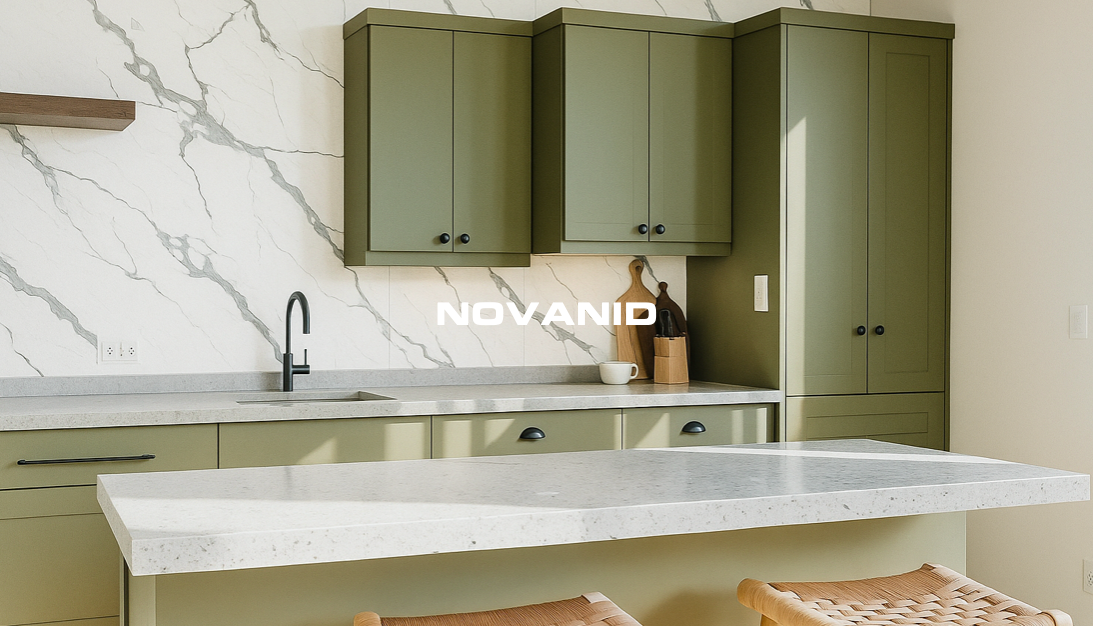 Cocina moderna con armarios verdes, pared de placas de pvc y encimera de mármol.