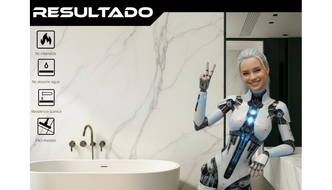 Recepción moderna con diseño en PLACAS DECORATIVAS DE ALUMINIO y computadora, estantería y libros.