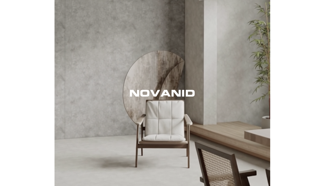 Sillón moderno con fondo minimalista y placas de pvc cement 02 de la marca novanid el texto "NOVAND" en letras grandes.