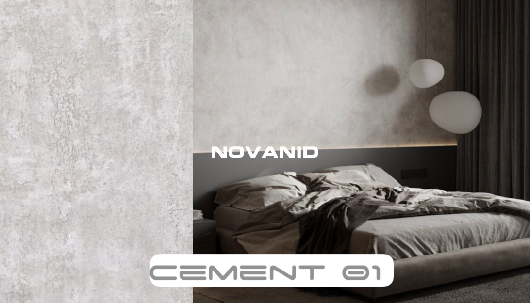 Dormitorio moderno con paredes de paneles decorativos de microcemento, cama deshecha y detalles en tonos suaves.