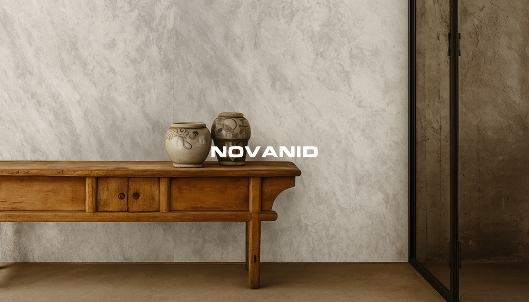 Mesa de madera con jarrones decorativos y paredes de placas decorativas Forlatt gris texturizado. Texto "NOVANID".