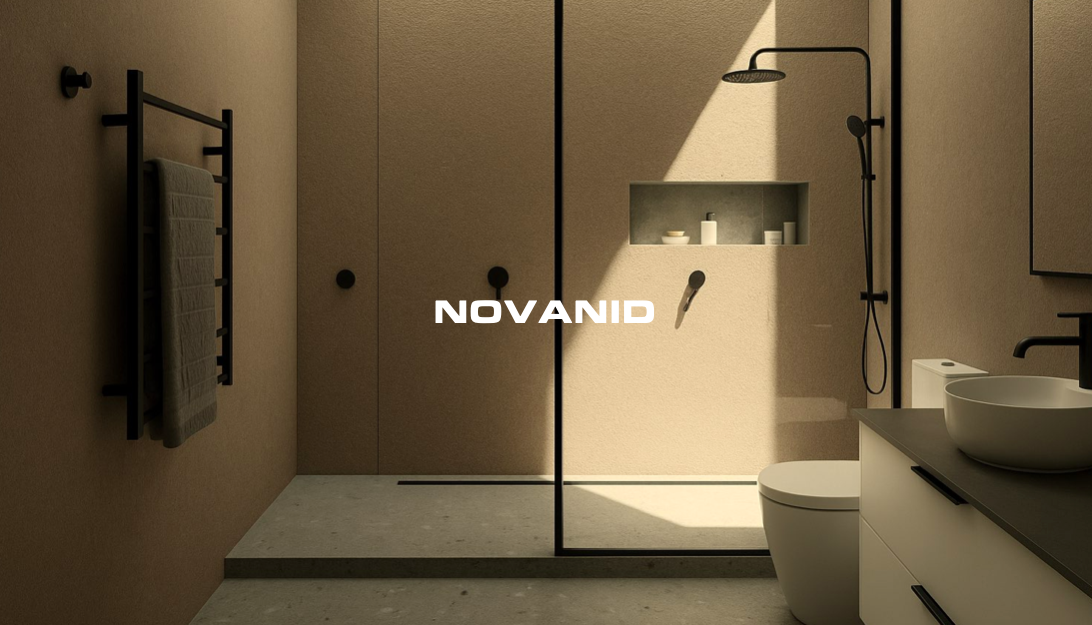 Baño moderno con ducha, lavabo y diseño minimalista, con placas pvc novanid grey stone en las paredes