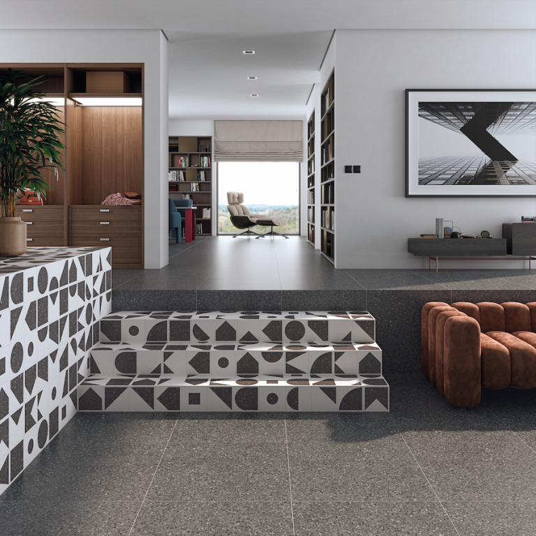AZULEJO TERRAZO Diseño de patrones geométricos en blanco y negro con diversas formas.