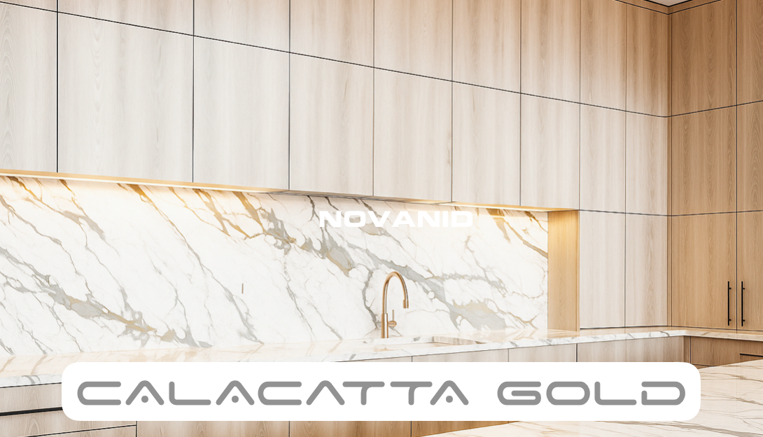 Fondo de cocina moderna con pared de placas decorativas mármol Calacatta Gold y acabados elegantes.