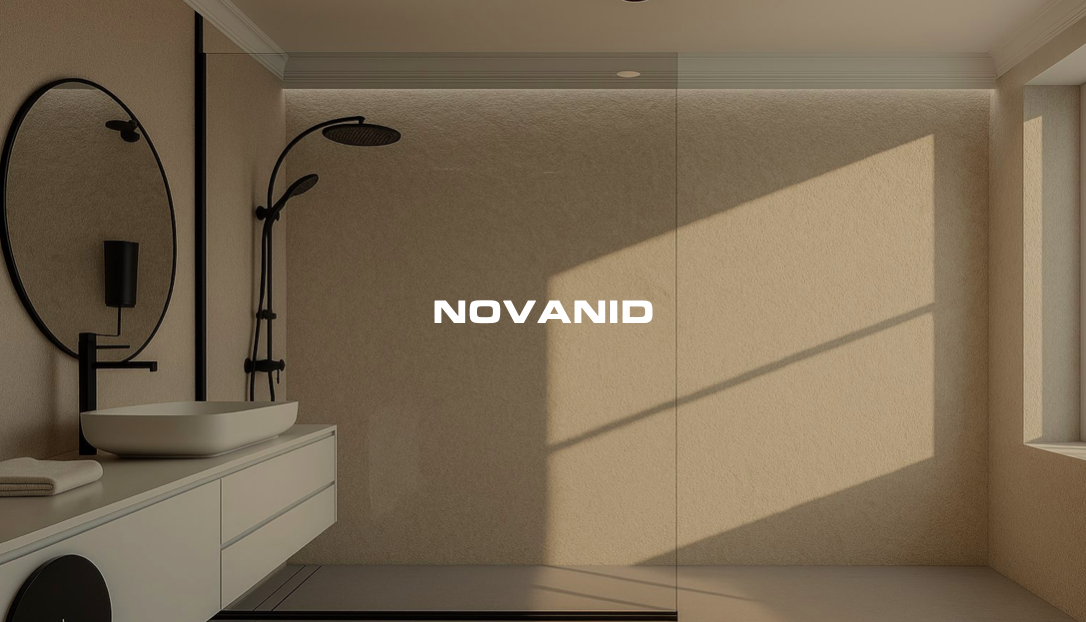 Baño moderno con luz natural, lavabo minimalista y espejo redondo y placas decorativas novanid. Logo "NOVANID" visible.