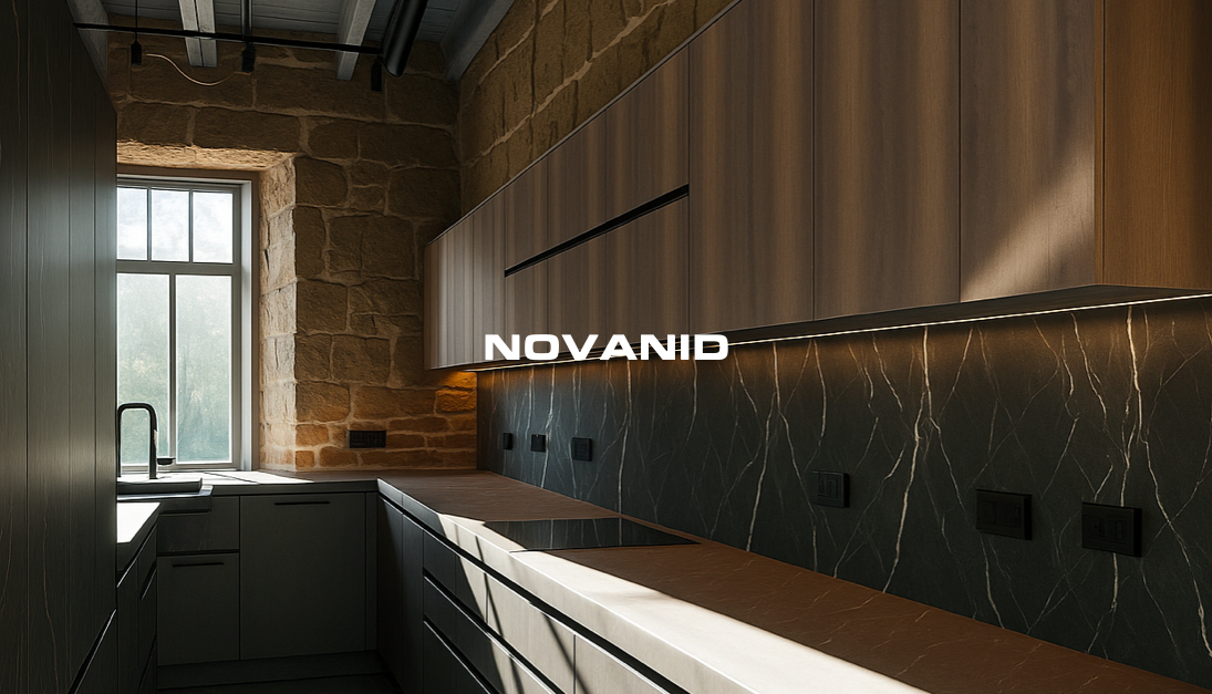 Cocina moderna con paredes de piedra y placas decorativas mármol negro, muebles oscuros, nombre "NOVANID" en el centro.