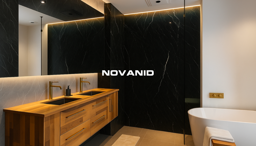 Baño moderno con muebles de madera y pared de placas decorativas black rock de marca novanid.