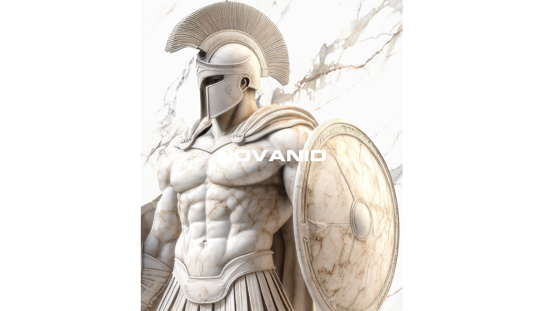 Estatua de un guerrero espartano con armadura, escudo y casco, fondo placa decorativa novanid calacatta gold