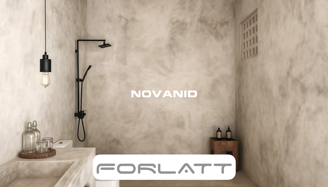 Baño minimalista con paredes de paneles decorativos Forlatt marca novanid, color claro y ducha montada, iluminación suave.