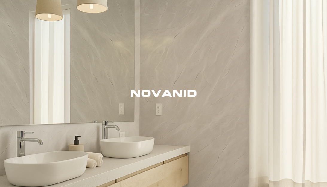 Baño moderno con lavabo sobre un mueble de madera y espejos, con luz natural y paredes de placas decorativas pedra de marca novanid 