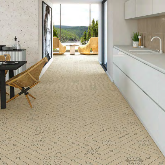Azulejos terrazo con Patrón geométrico en tonos claros con diversas formas y líneas.