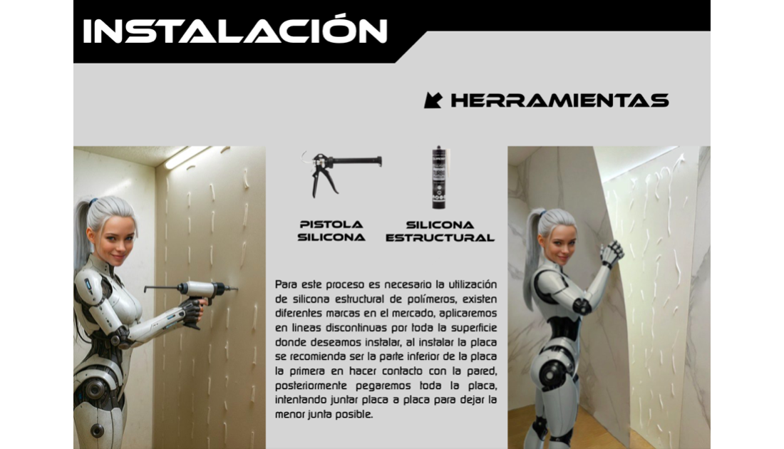 Interior de sala minimalista con paredes DE PALCAS DECORATIVAS DE ALUMINIO metálicas y el texto "NOVANID" en el centro.