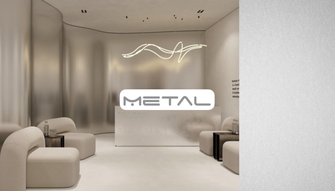 Recepción moderna CON PLACAS DECORATIVAS ALUMINIO DE MARCA NOVANID, minimalista con sofás claros y mostrador blanco.