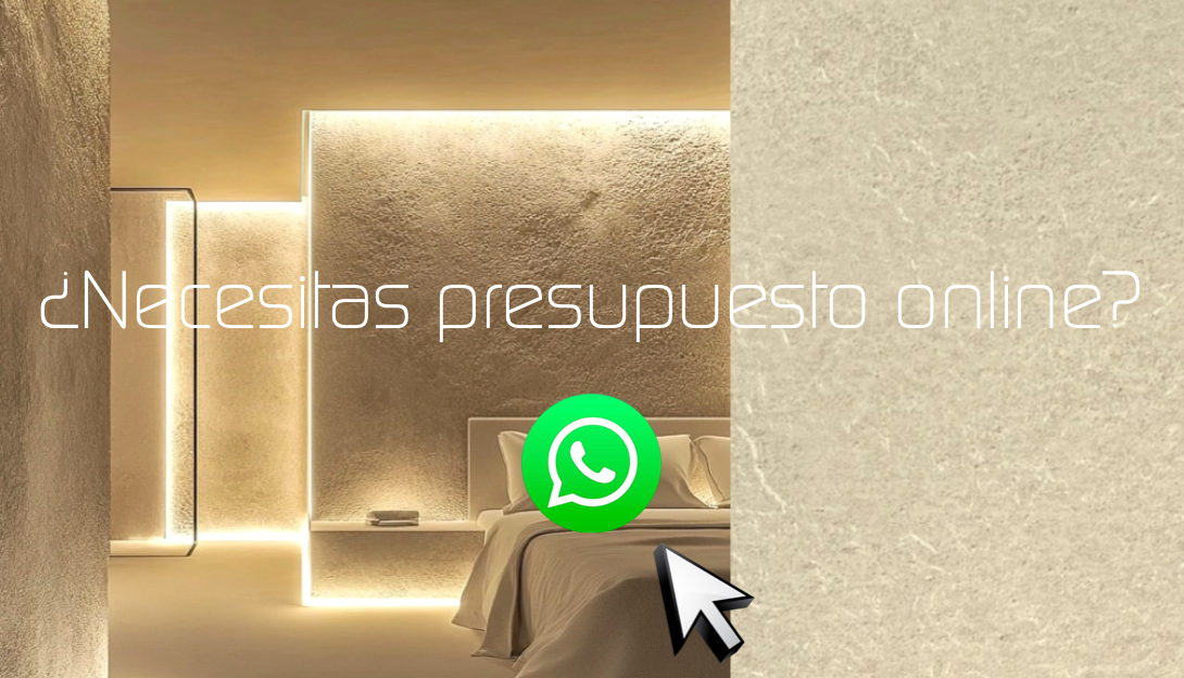 Dormitorio con placas decorativas novanid y texto ¿necesitas presupuesto online?