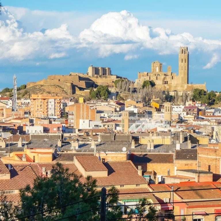 Vista panorámica de una ciudad con un castillo en una colina y nubes en el cielo.