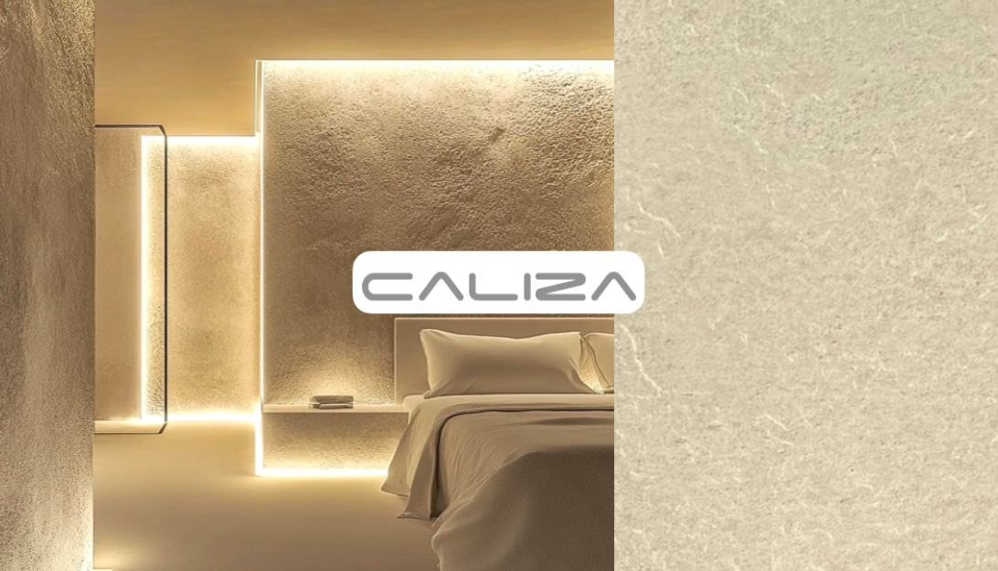 Habitación moderna con iluminación suave y decoración de paredes con placas decorativas novanid, diseño caliza