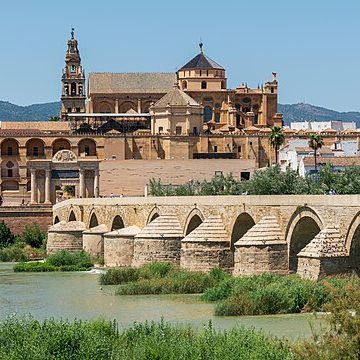 Puente romano sobre un río, con edificios históricos y montañas al fondo.