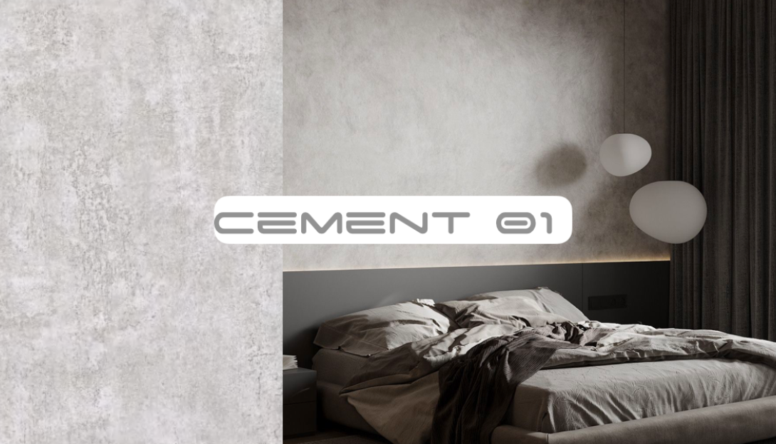 Habitación moderna con paredes de placas decorativas de microcemento y cama elegante.