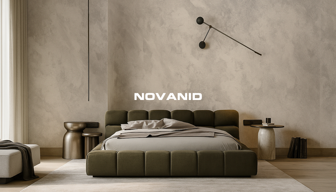 Cama moderna en tonos verdes con mesitas de noche y pared de placas de pvc  novanid colección forlatt