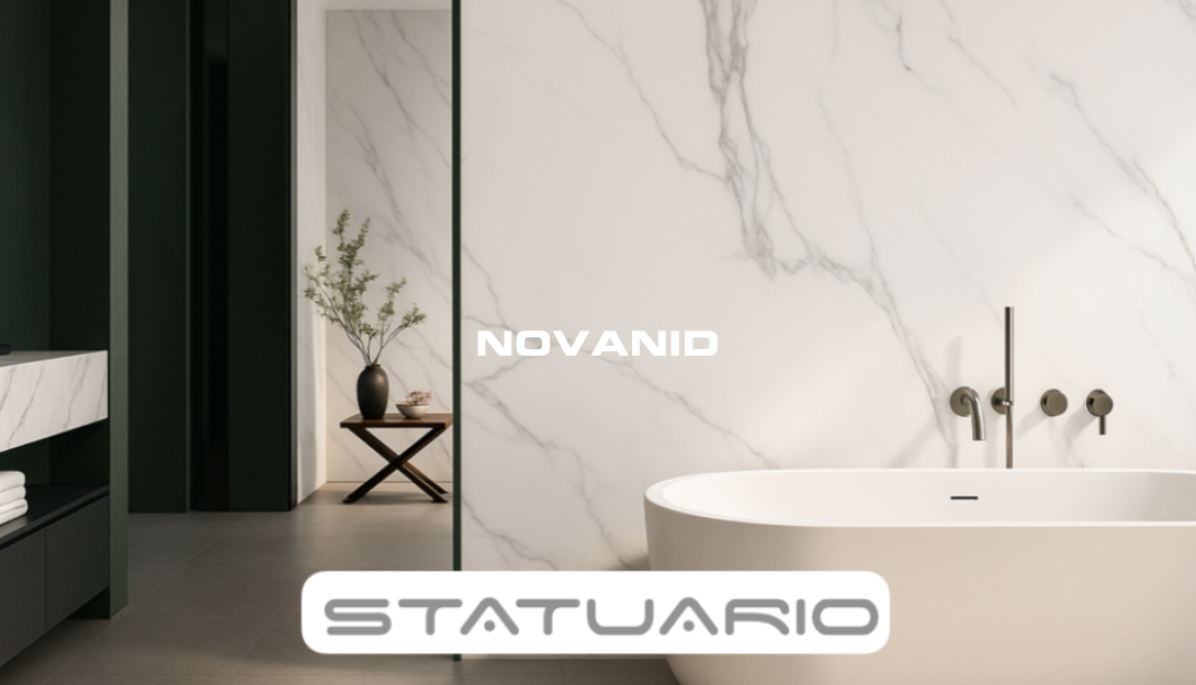 Baño moderno con PLACAS DECORATIVAS MÁRMOL STATUARIO NOVANID, bañera elegante y decoración minimalista.