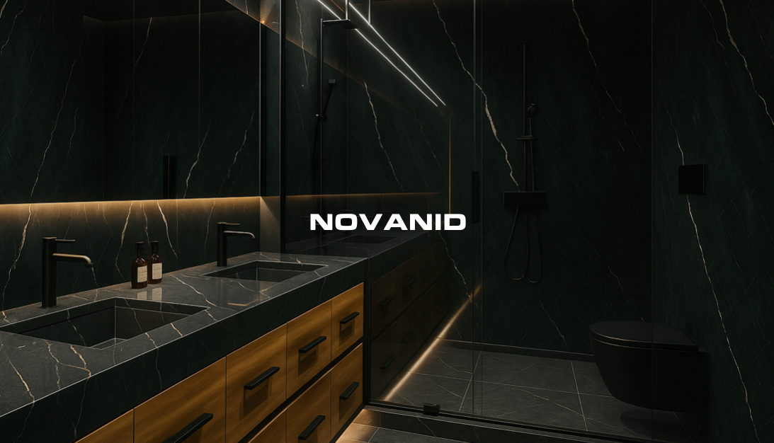 Baño moderno con acabados en placas decorativas oscuras y elegantes, con lavabo y elementos de diseño.