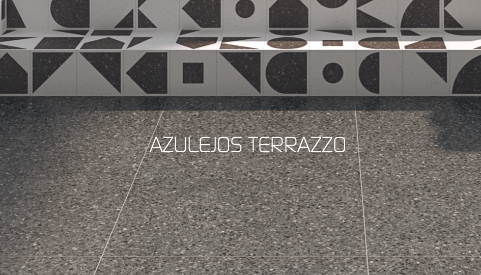 Texto "AZULEJOS TERRAZZO" sobre un fondo de pavimento con patrones geométricos.