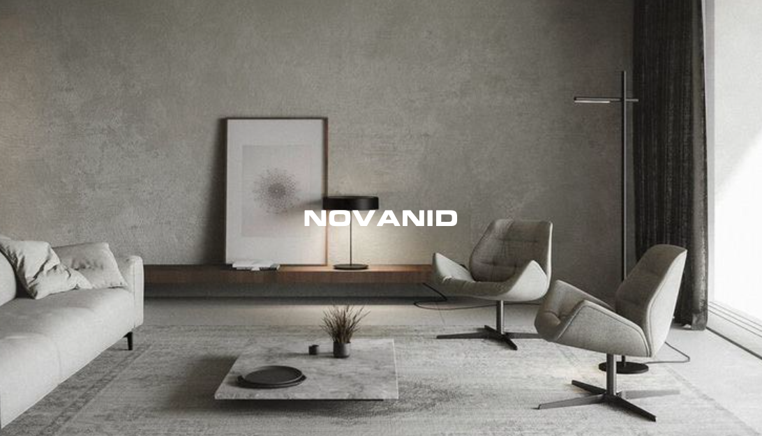 Sala moderna y minimalista con sillones, una mesa y una lámpara elegante, Paredes de placas decorativas novanid cement 02