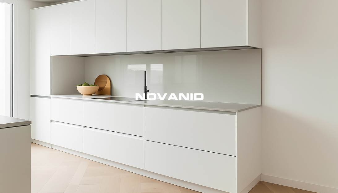 Cocina moderna y minimalista con muebles blancos y paredes hechas con placas decorativas blancas marca novanid y una cesta decorativa.