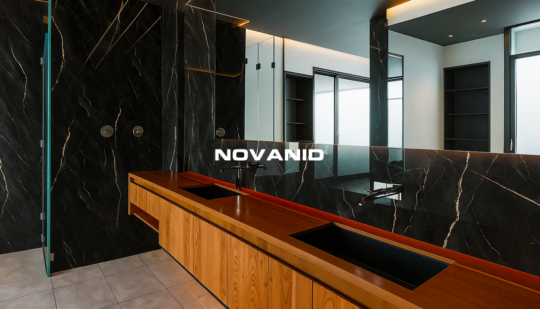 Baño moderno con paredes de placas de pvc Blakrock de la marca novanid, lavabo de madera y logo de Novanid en el centro.