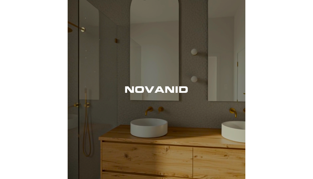 Baño moderno con doble lavabo y espejos sobre un mueble de madera clara. Texto "NOVANID".