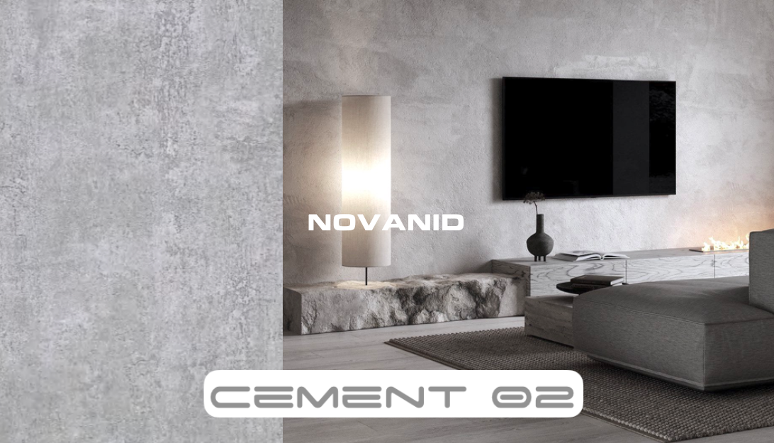 Interior moderno con paredes de paneles decorativos de hormigón marca novanid, sofá blanco y televisor plano.