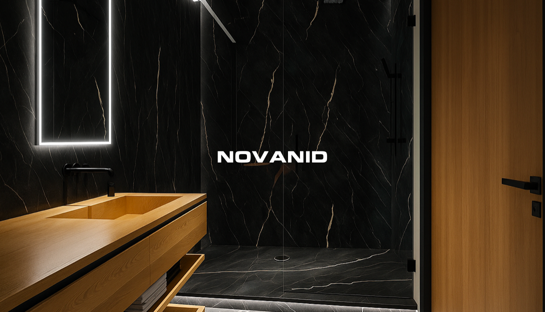 Diseño de placa decorativa microcemento gris oscuro  con la palabra "NOVAND" en blanco en el centro.