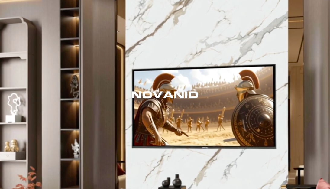 Escena épica con guerreros en una arena, reflejando batallas antiguas en un salon decorado con placas decorativas novanid.