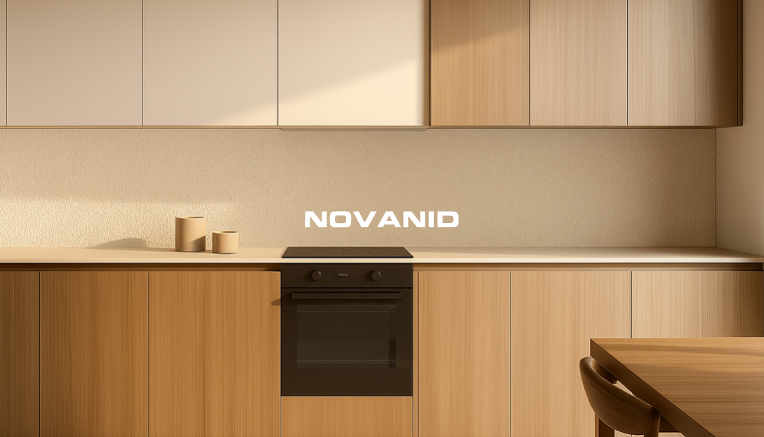 Baño moderno con doble lavabo y espejos sobre un mueble de madera clara. Texto "NOVANID".