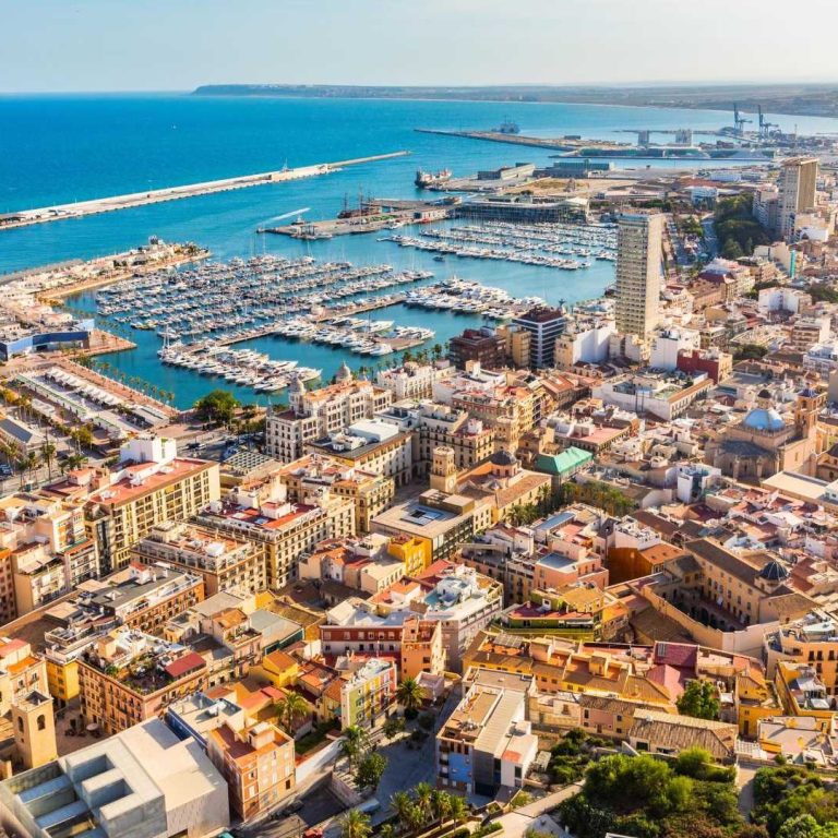 Vista panorámica del puerto y la ciudad, con barcos en el mar y edificios.