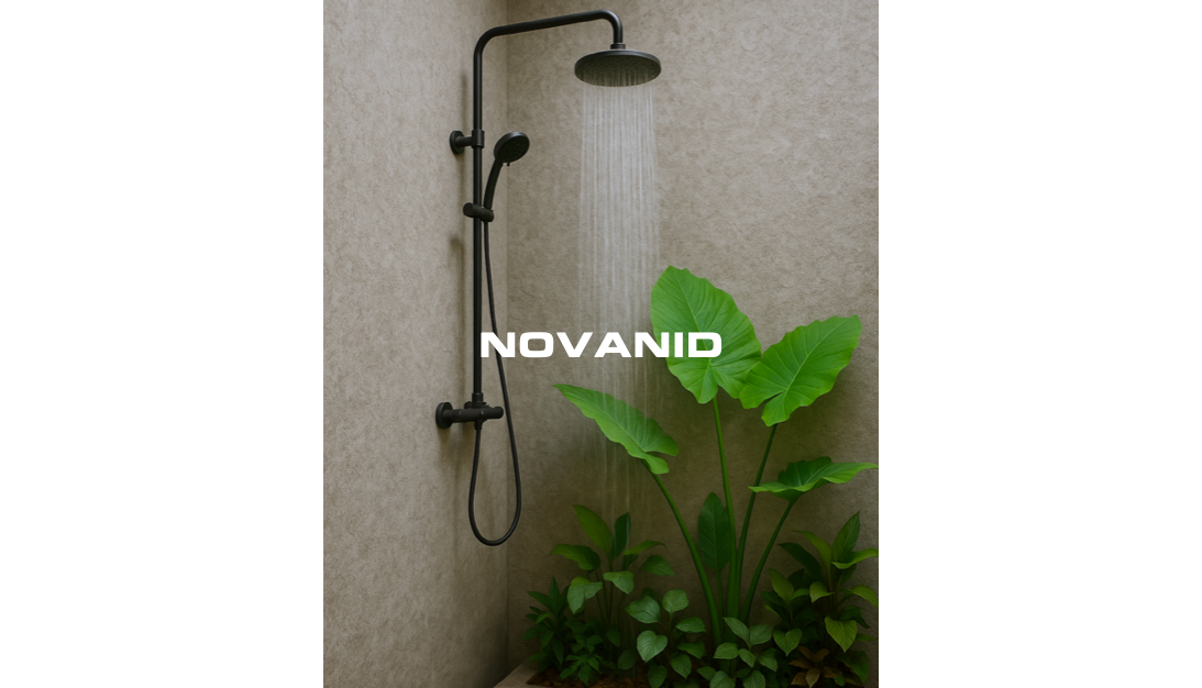 Ducha exterior con diseño moderno y plantas verdes de fondo. Texto "NOVANID" en el centro. Placas decorativas grey stone las paredes 