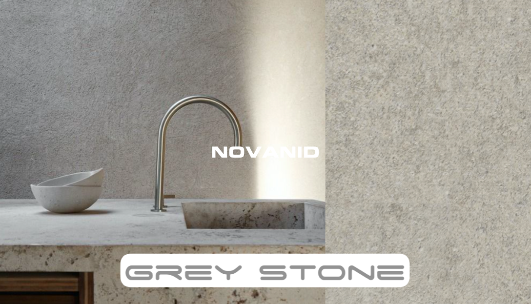 Cocina con Grifería moderna y pared de placas decorativas de Novanid, colección grey stone