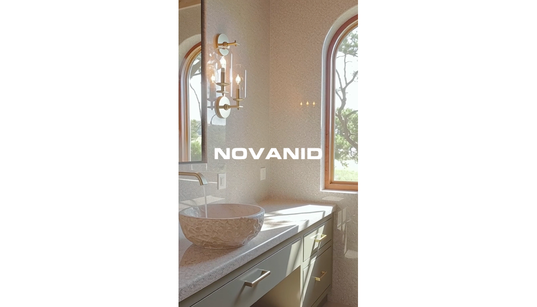 Baño luminoso con lavabo moderno y ventanales que dejan entrar la luz natural, placas decorativas greystone.