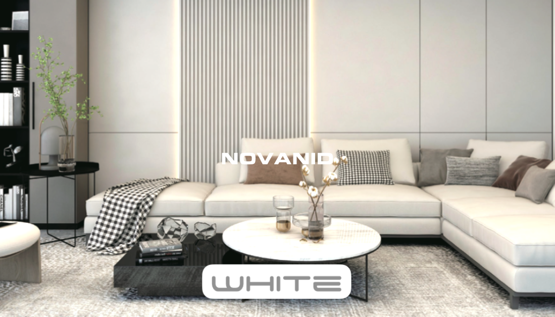 Sala moderna con sofá blanco, mesa de café y decoración minimalista. Texto "NOVANID" en el centro.