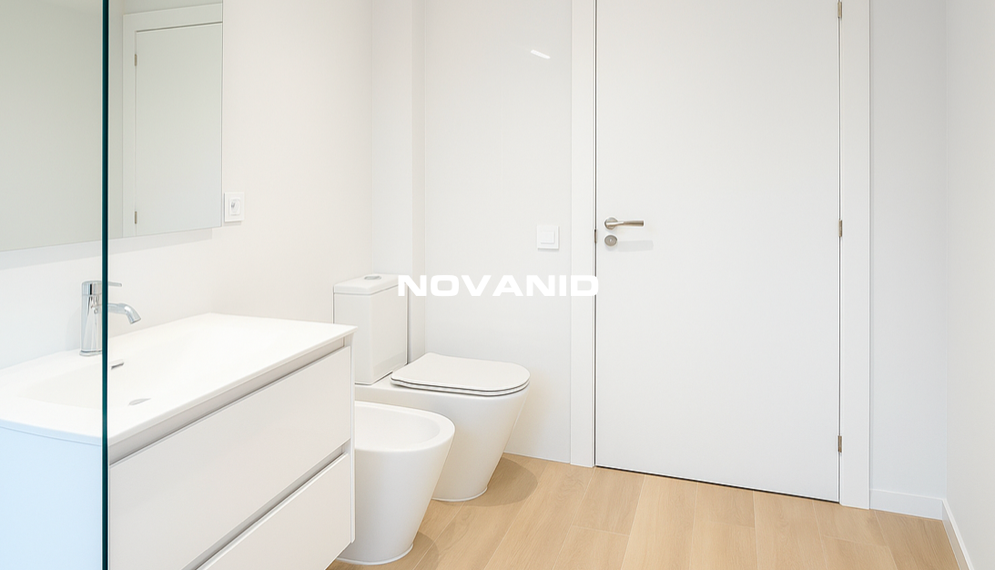 Baño moderno con lavabo, inodoro y suelo de madera clara, paredes de placas de pvc blancas brillo