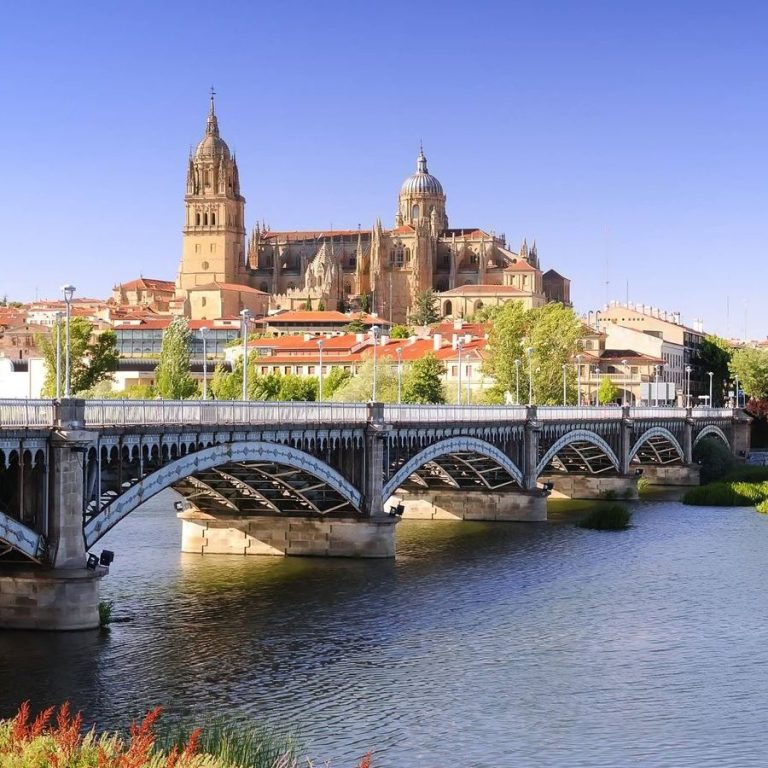 Vista del río con puente y la catedral de Salamanca al fondo en un día soleado.