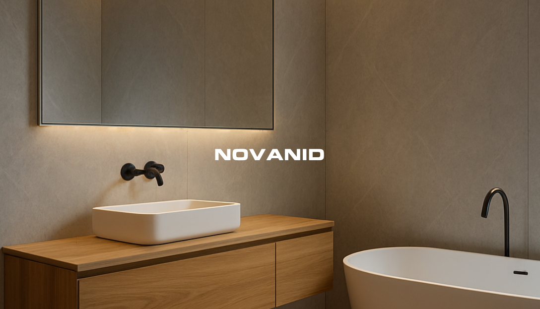 Baño moderno con lavabo blanco, mueble de madera y espejo iluminado, paredes placas decoarativas modelo pedra y Logo "NOVANID" visible.