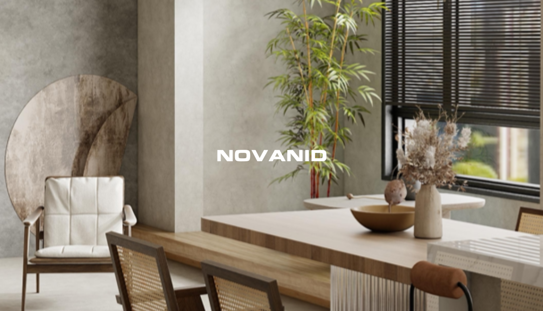 Interior moderno con elementos naturales, placas de pvc cement 01 de la marca novanid y el texto "NOVANID" en el centro.